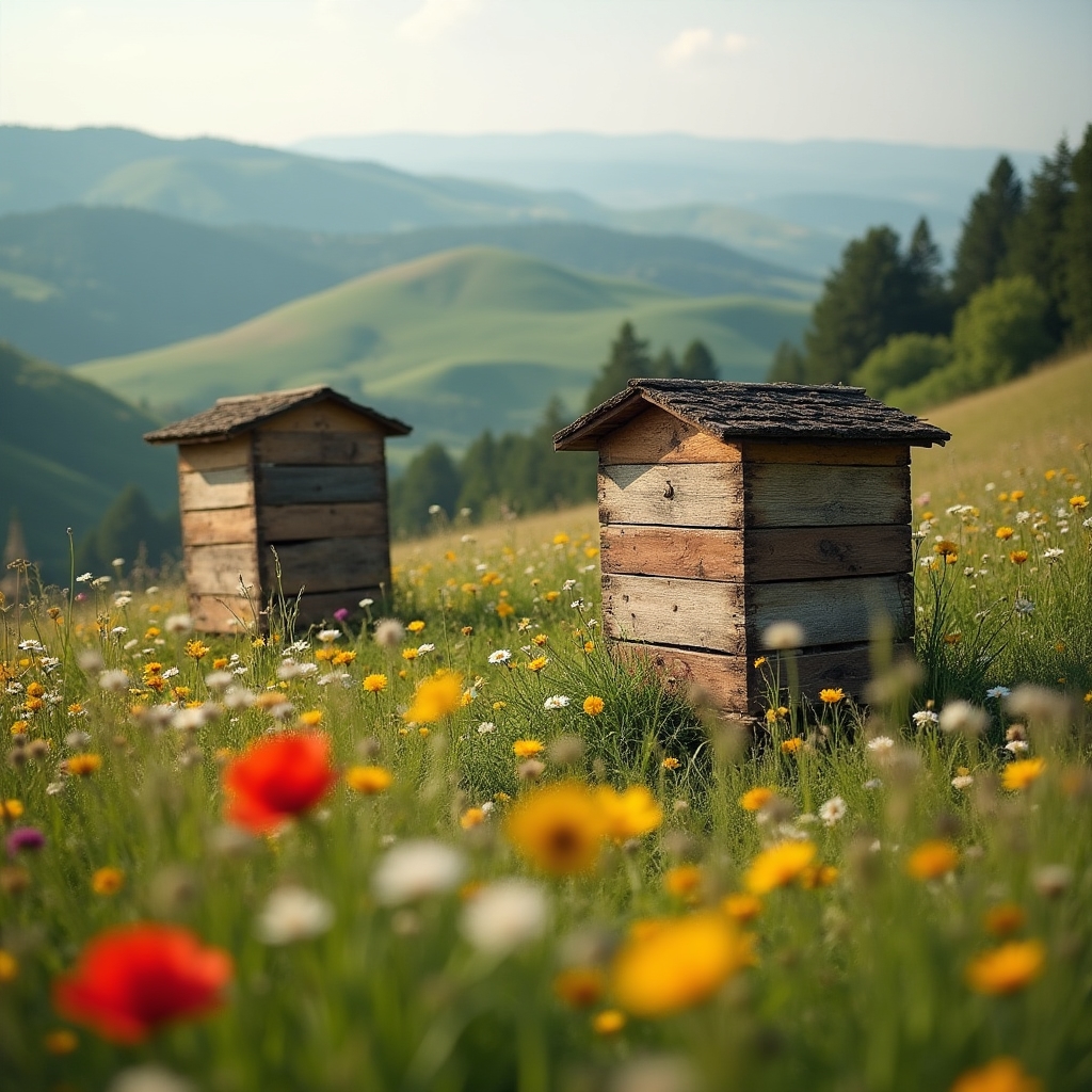 Arnie tradizionali in un prato rurale con fiori selvatici in primo piano