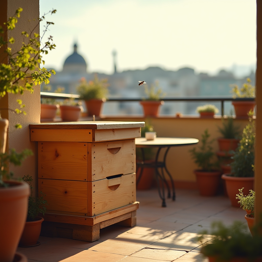 Arnia compatta installata su un terrazzo urbano con vista sulla città