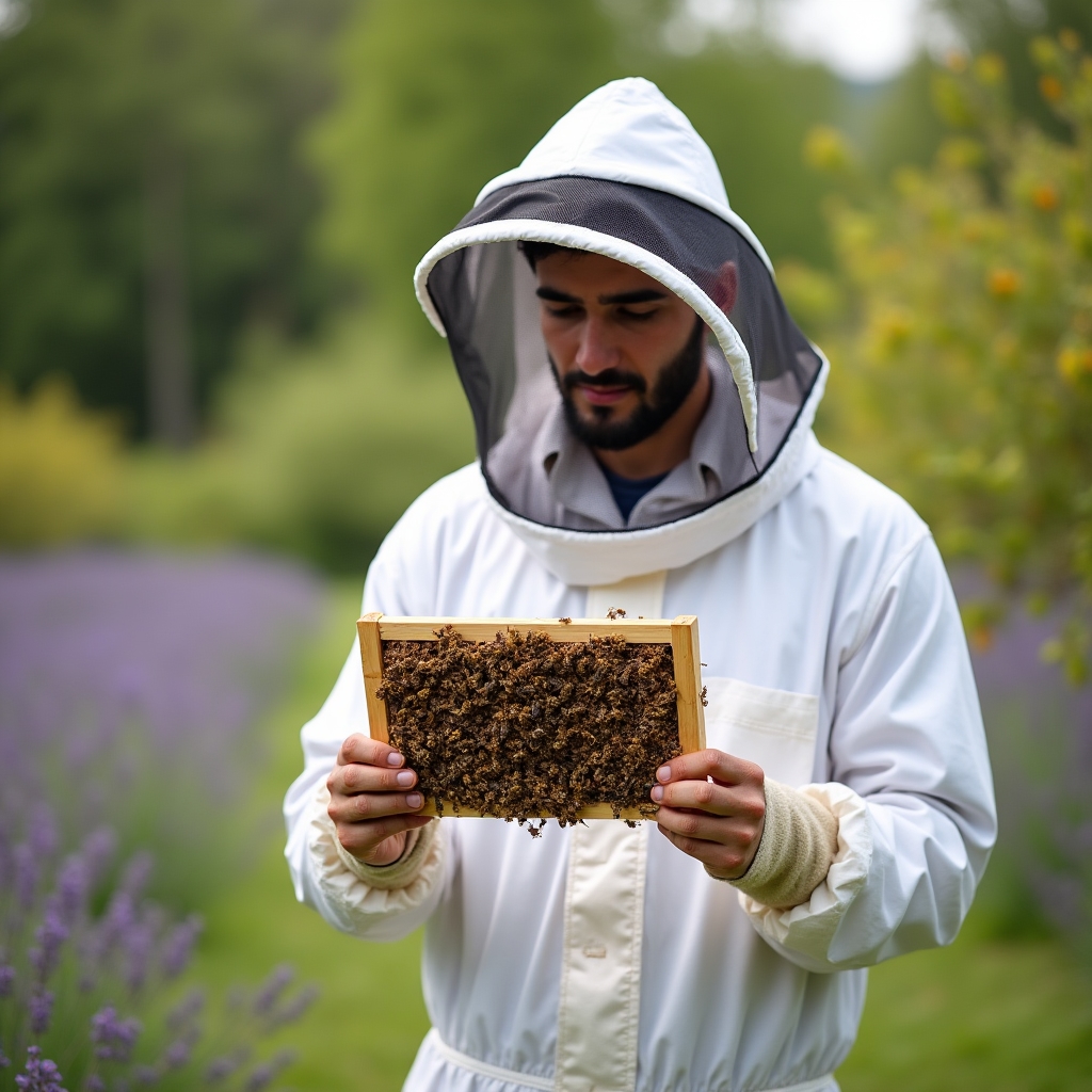 Apicoltore con tuta protettiva che ispeziona telaini durante la primavera